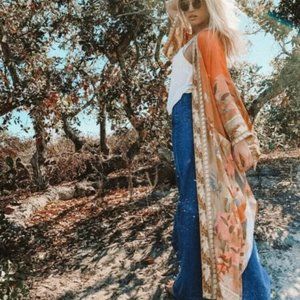 New Boho Floral Kimono Blue Maxi Duster Jacket